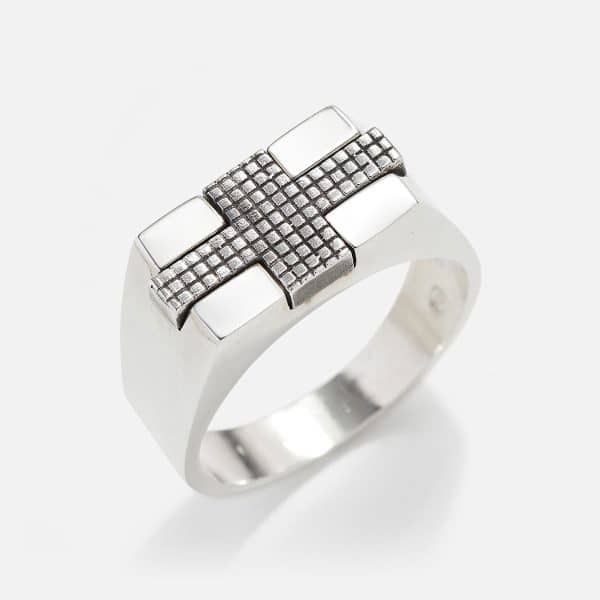 silver handmade men's ring with checkered cross
