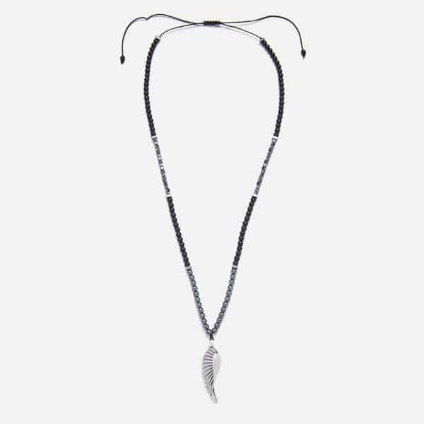 men's handmade feather necklace with black matte onyx and hematite