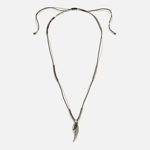 men's handmade brown necklace with metal feathers