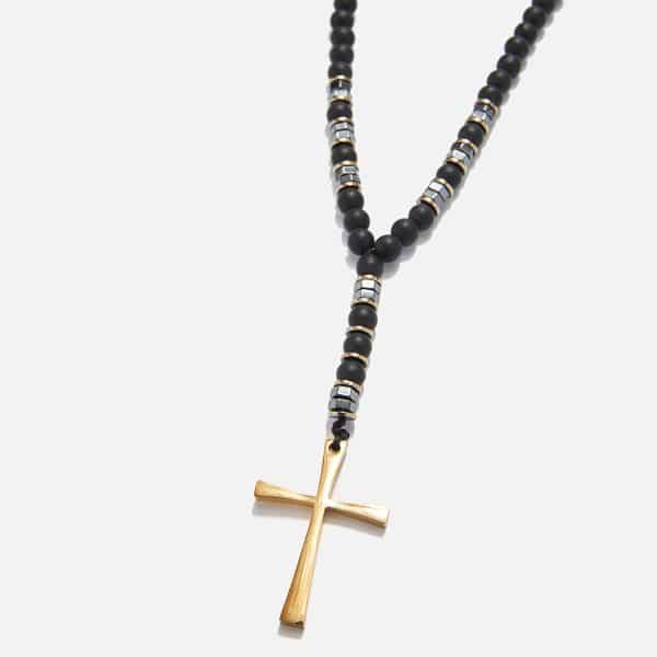 men's handmade rosary necklace with a gold hematite ring