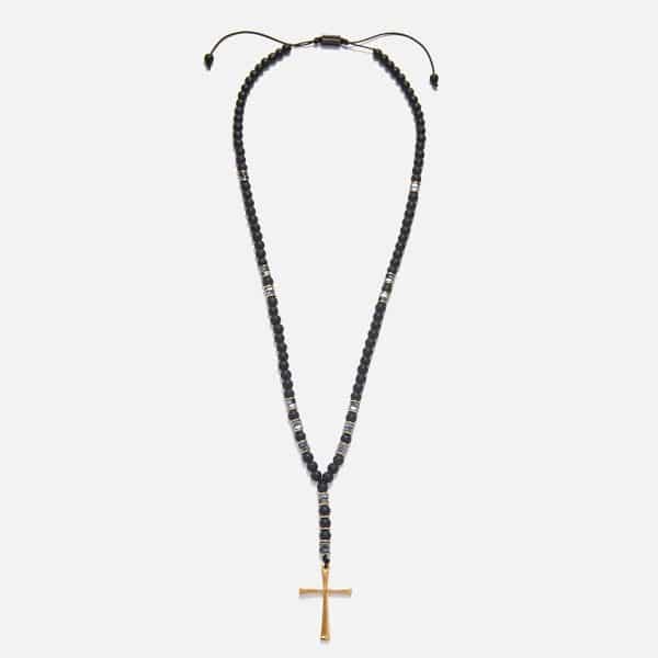men's handmade rosary necklace with a gold hematite ring