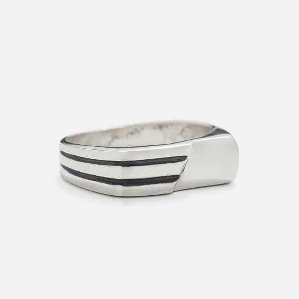 silver handmade men's ring with stripes & plate