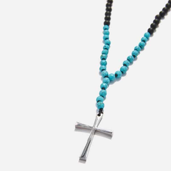men's handmade rosary necklace with turquoise haolite tag